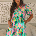 Green Floral Puff Sleeve Collar Buttoned Babydoll Dress - Foto 4