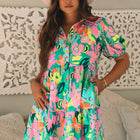 Grön blommig puffärmskröning med knappad babydoll-klänning - Thumbnail