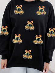 Black Halloween Sequin Pumpkin Graphic Relaxed Pullover Sweatshirt - Damesmode Afbeelding 5 - Miniatuur