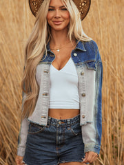 Dusk Blue Color Block Patchwork Flap Detail Distress Denim Jacket - Miniatuur