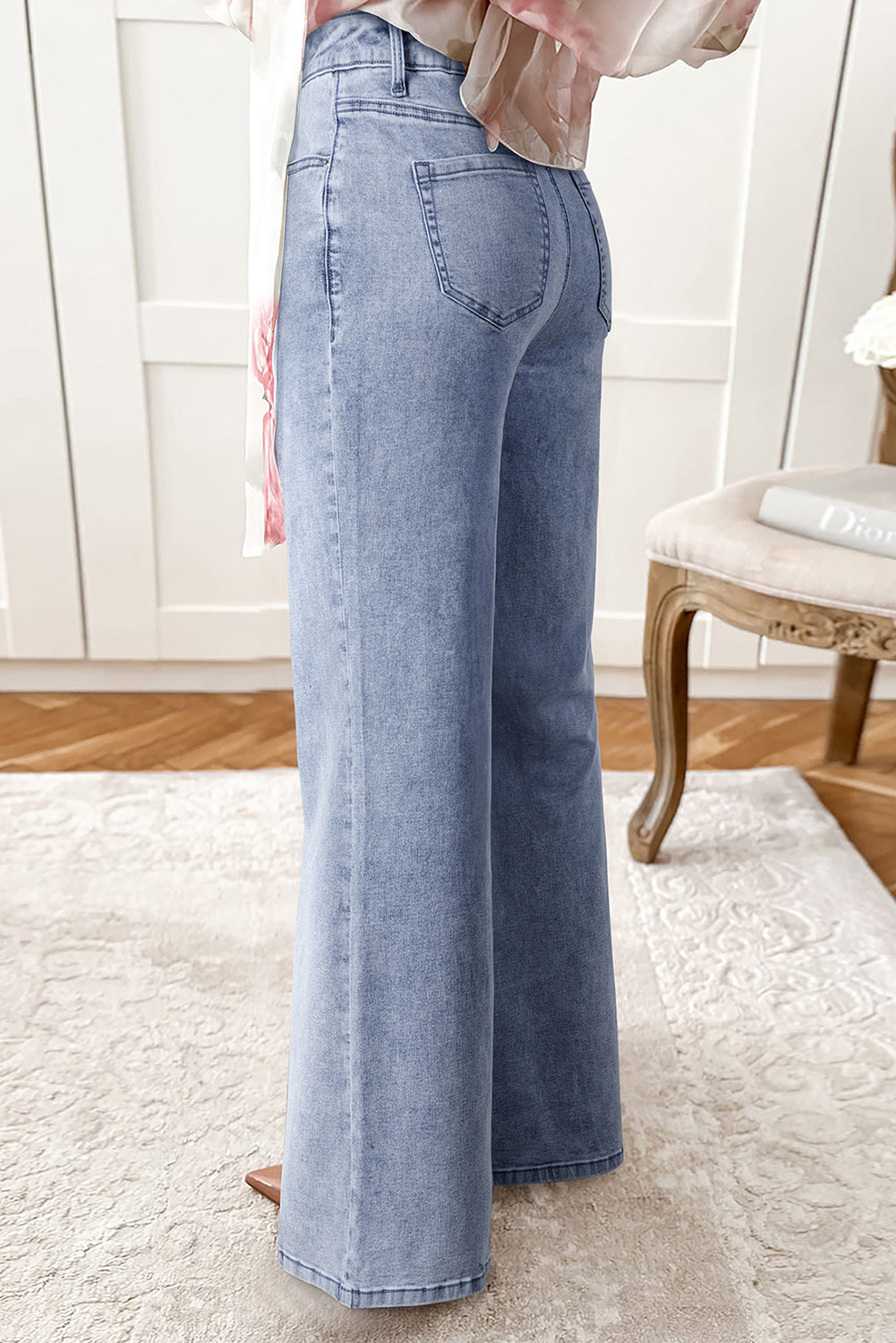 Beau Blue High Waist Button Zip Fly Bell Bottom Jeans - Damesmode Afbeelding 2