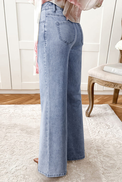 Beau Blue High Waist Button Zip Fly Bell Bottom Jeans - Damesmode Afbeelding 2