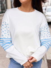 Beige Floral Striped Long Sleeve Contrasted Pullover Top - Women's Fashion Image 1 - Miniatuur