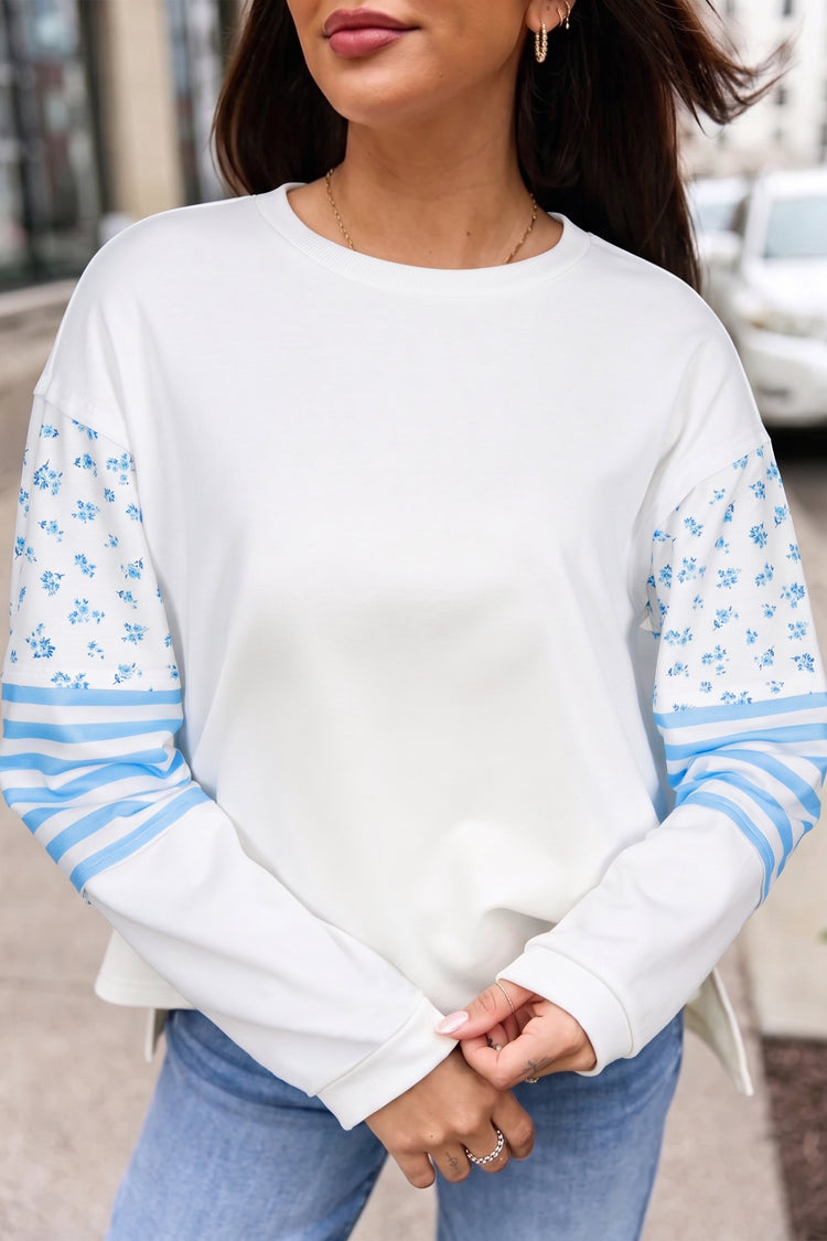 Beige Floral Striped Long Sleeve Contrasted Pullover Top - Damesmode Afbeelding 1 - Damesmode
