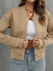 Pale Khaki Solid Geometrësch Texturéiert Baseball-Kragenjackett - Miniatuur