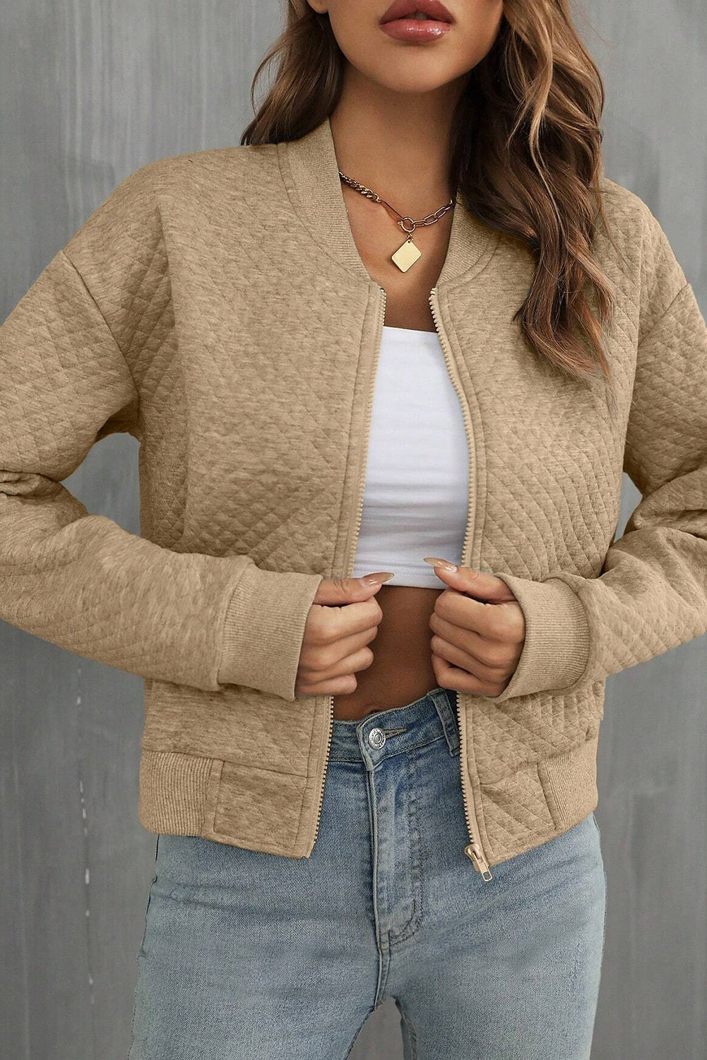 Pale Khaki, einfarbige, geometrische strukturierte Baseballkragenjacke
