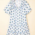 Sky Blue Floral Puff Sleeve Tied Neck Pocketed Mini Dress - Foto 4