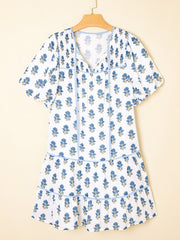 Sky Blue Floral Puff Sleeve Tied Neck Pocketed Mini Dress - Miniatuur