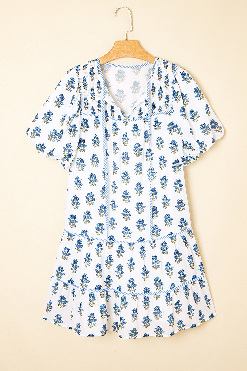 Mini robe Mini Bleu Bleu Floral Bouffante, Manche Nouée et Poches