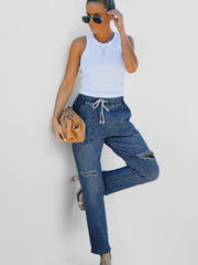 Jogger en jean en denim usé à poches bleu foncé - Miniatuur