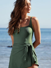 Mist Green Side Tied Waist Square Neck Adjustable Straps A-line One Piece Swim Dress - Miniatuur