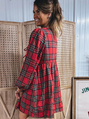Red Plaid Tie Front Long Sleeve Short Shift Dress - Miniatuur