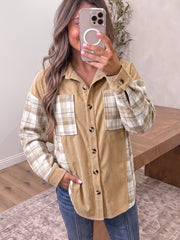 Chemise à carreaux beige français clair col à blocs de couleur Shift Shacket - Miniatuur
