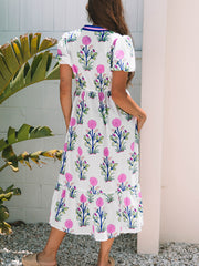 Himmelblaues, florales Puff-Kleid mit V-Ausschnitt und hohem Taille Maxi-Kleid - Miniatuur