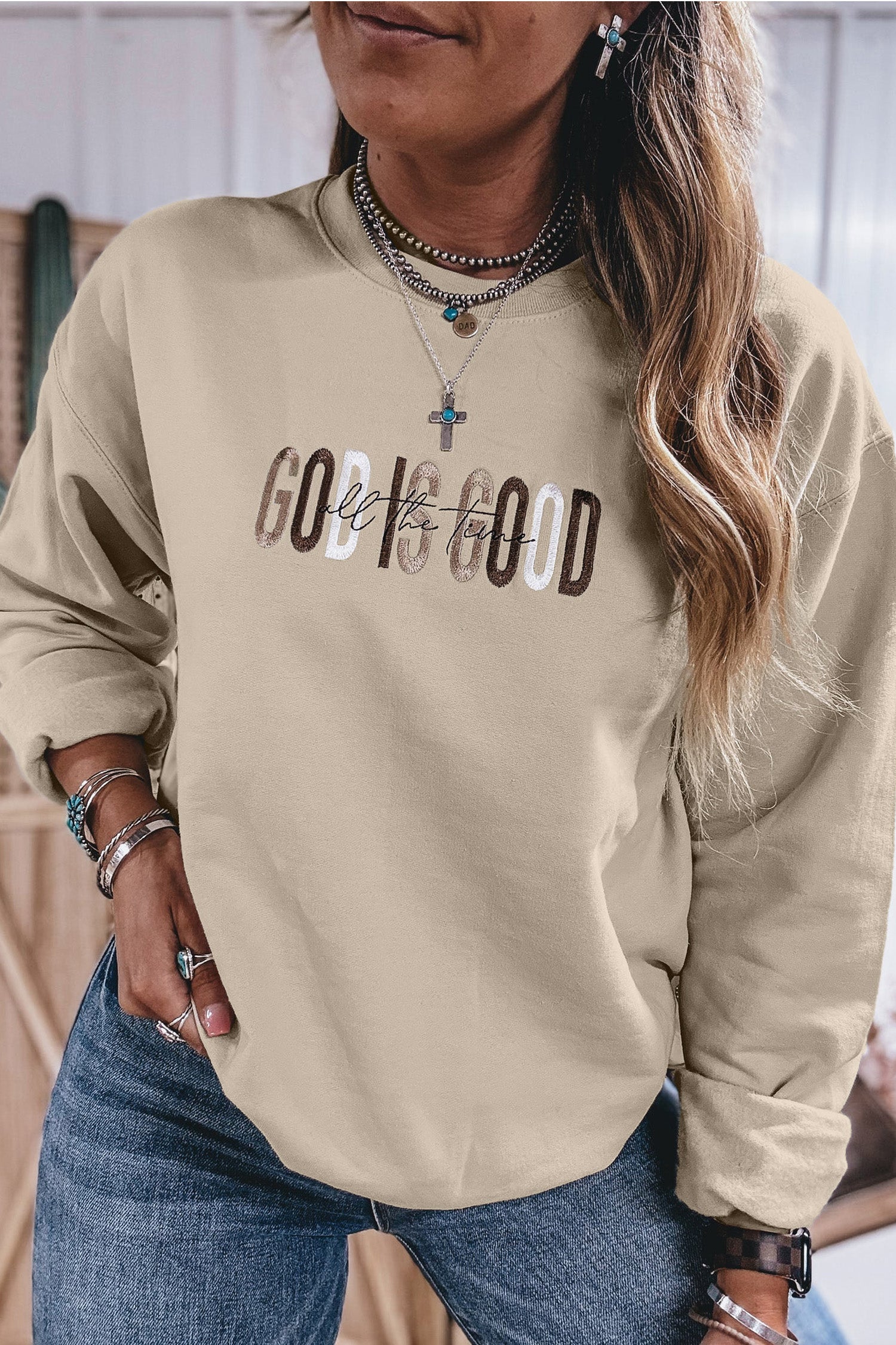 Jet Stream GOD IS GOOD Western-Pullover mit gesticktem Buchstaben und Crewneck-Pullover