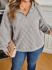 Grauer gesteppter Viertel-Reißverschluss-Hoodie in Plus-Size-Größen - Miniatuur