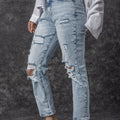 Sky Blue Light Wash Frayed Slim Fit High Waist Jeans - Foto 3