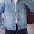 Sky Blue Polka Dot Long Sleeve Collar Pocket Casual Shift Silhouette Denim Jacket - Foto 5