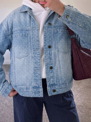 Sky Blue Polka Dot Long Sleeve Collar Pocket Casual Shift Silhouette Denim Jacket - Miniatuur