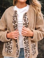 Chaqueta de peluche casual con estampado de leopardo con acentos y bolsillos - Miniatuur