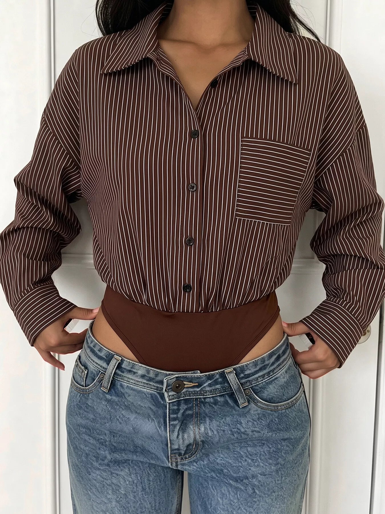 Striped Button-Up Bodysuit - Exclusive Women Fashion & Apparel | Redblad Official