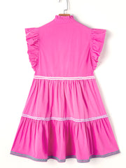 Strawberry Pink Ric Rac Colorblock Flutter Sleeve V Neck Tiered Dress - Miniatuur