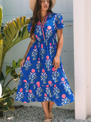Himmelblaues, florales Puff-Kleid mit V-Ausschnitt und hohem Taille Maxi-Kleid - Miniatuur