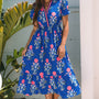 Himmelblaues, florales Puff-Kleid mit V-Ausschnitt und hohem Taille Maxi-Kleid