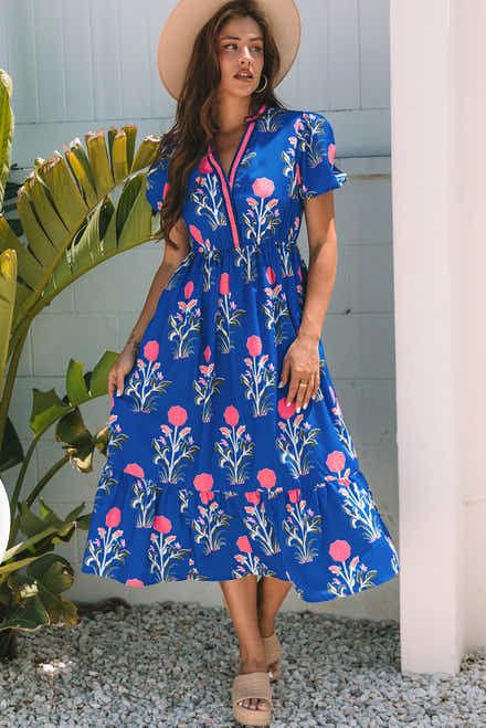 Vestito Maxi a maniche corte a V e scollo a V blu cielo floreale a soffio