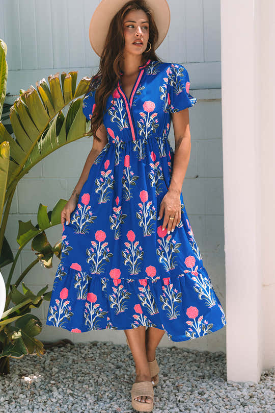 Himmelblaues, florales Puff-Kleid mit V-Ausschnitt und hohem Taille Maxi-Kleid