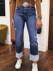 Echte türkisfarbene, gefaltete Manschetten, gerade, hoch taillengeschnittene Jeans - Miniatuur