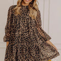 Brown Leopard Print Long Sleeve Short Shift Dress - Damesmode Afbeelding 4 - Foto 4