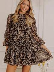 Brown Leopard Print Long Sleeve Short Shift Dress - Damesmode Afbeelding 4 - Miniatuur