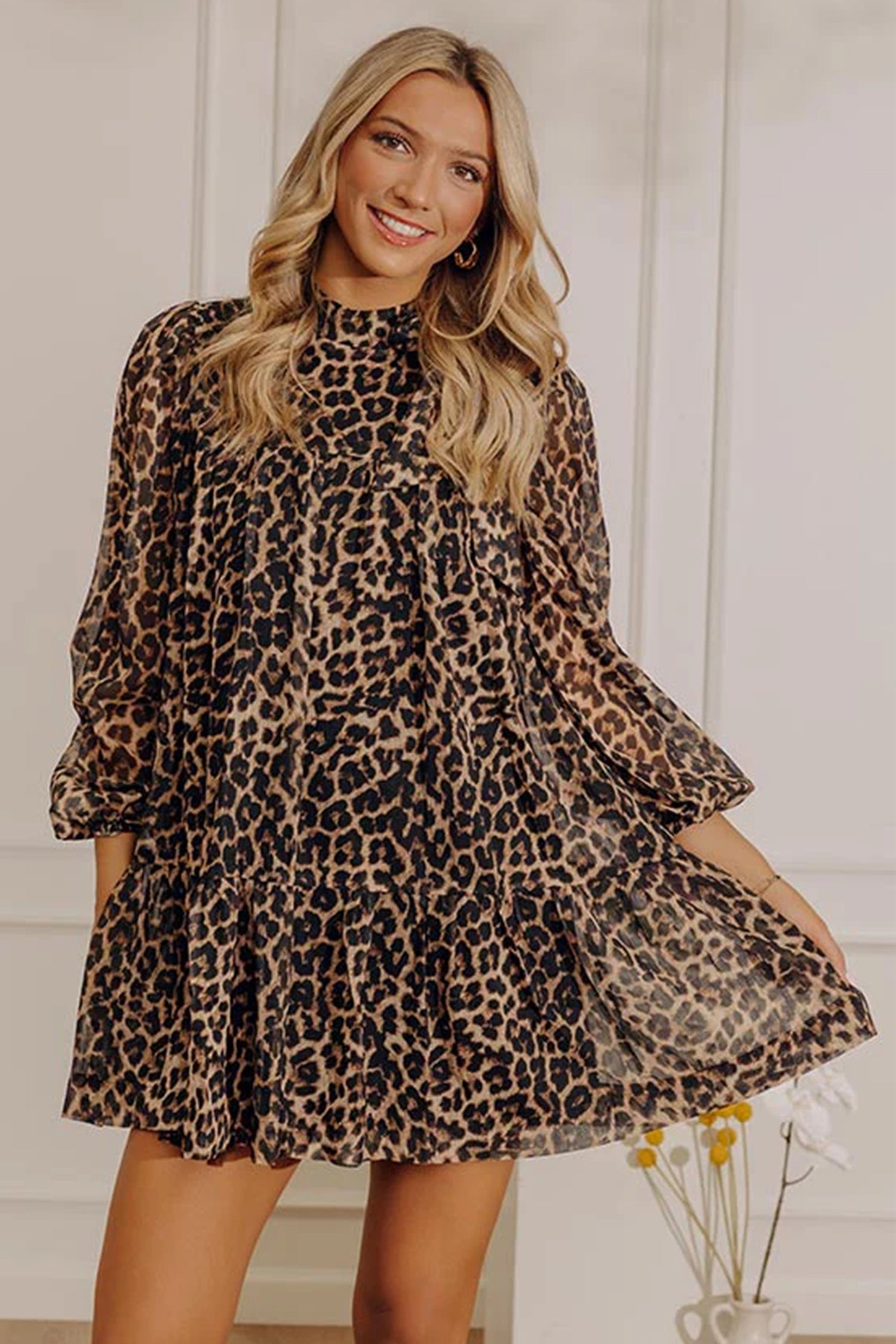 Brown Leopard Print Long Sleeve Short Shift Dress - Damesmode Afbeelding 4