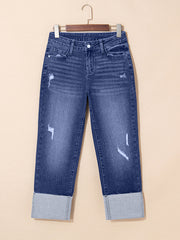 Echte türkisfarbene, gefaltete Manschetten, gerade, hoch taillengeschnittene Jeans - Miniatuur