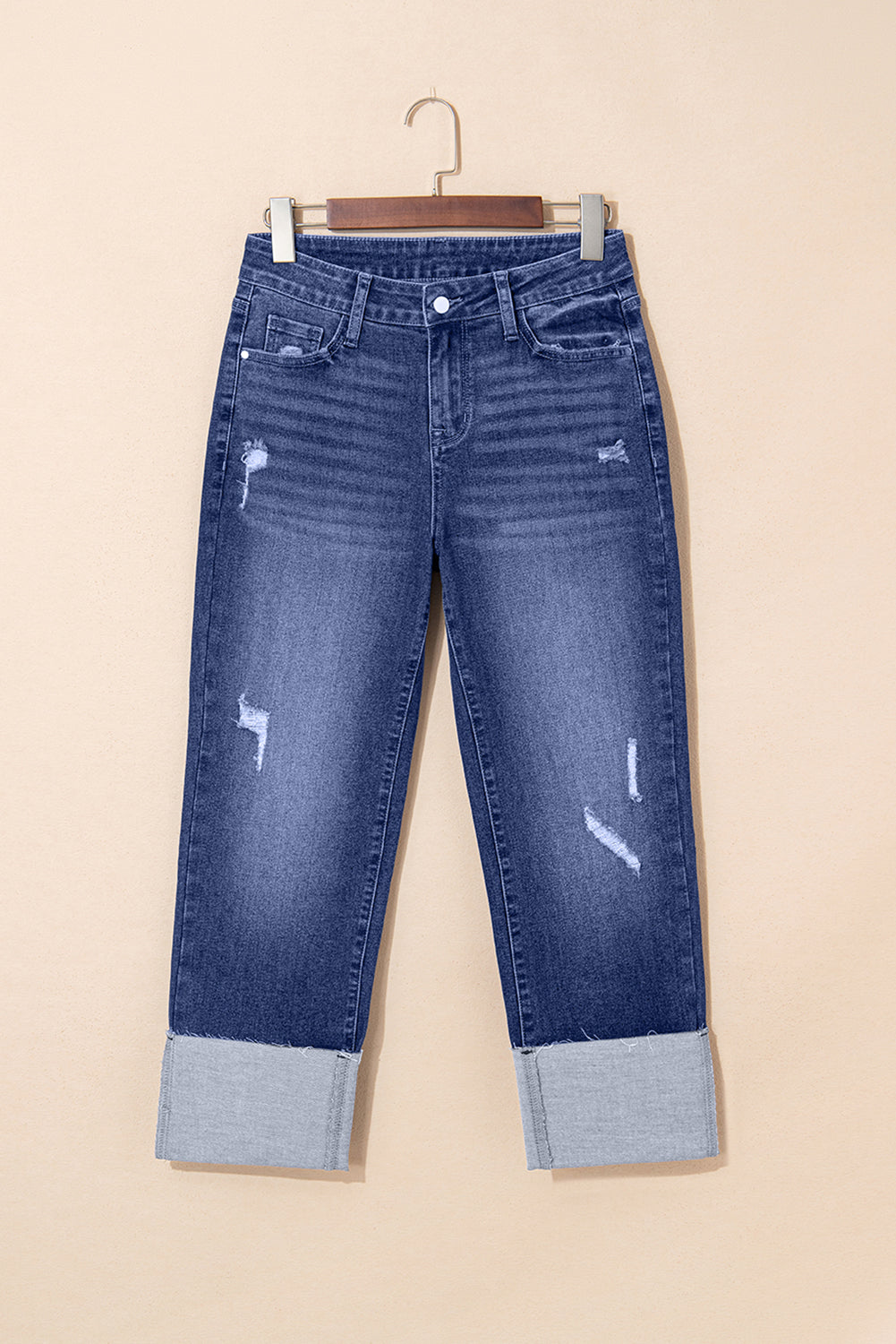 Ægte teal, foldede manchetter med slidte lige jeans med høj talje
