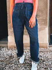 Sail Blue karierte Seitenpaneel Patchwork Kordelzug, lockere Jeanshosen - Miniatuur