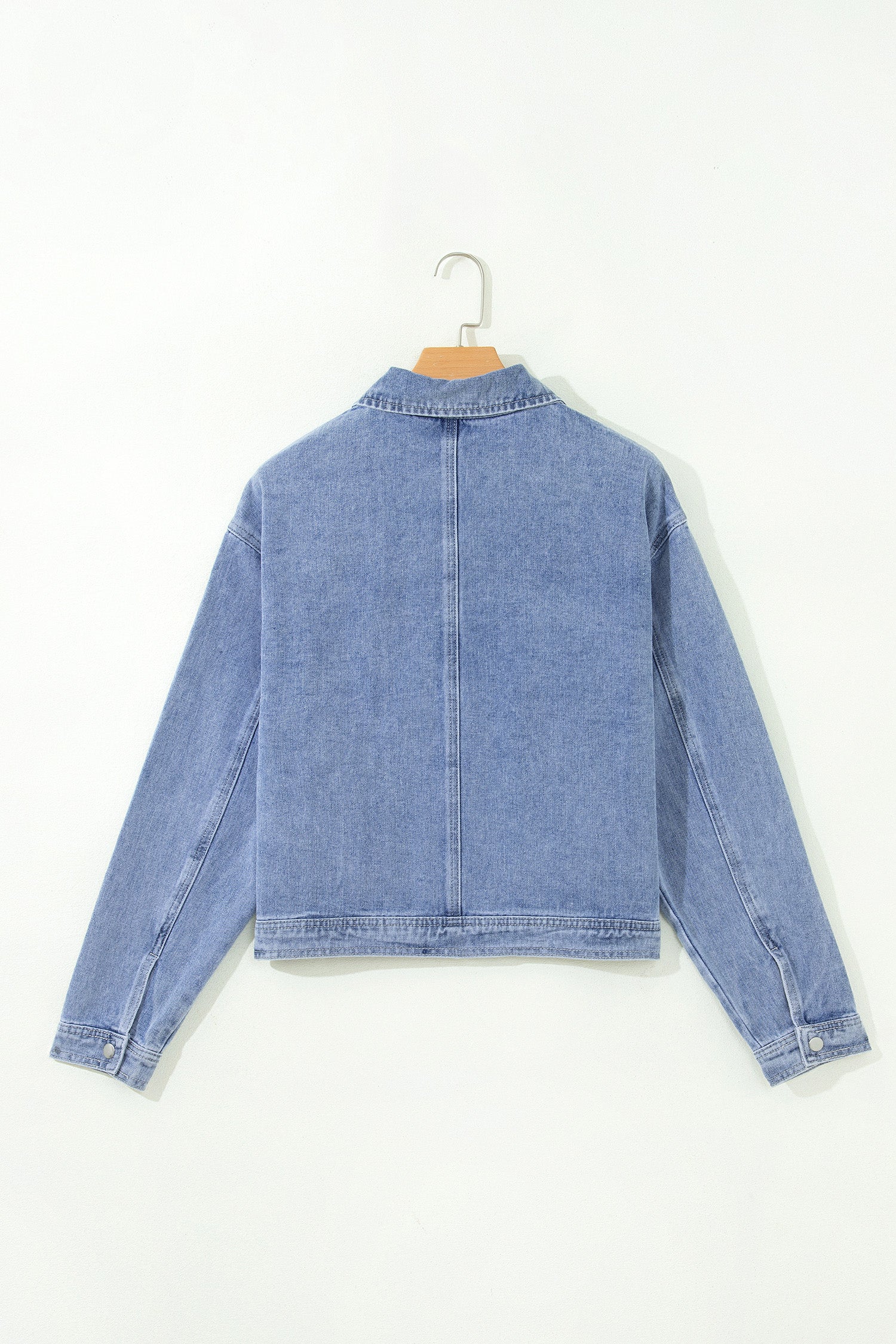Beau Blue Studded Metal Zipper Rivet Pockets Long Sleeve Denim Jacket - Damesmode Afbeelding 5