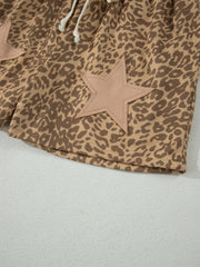 Khaki Leopard Drawstring Elastic Waist Star Patched Shorts - Miniatuur