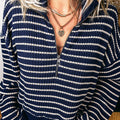 Blue Stripe Textured Knit Half Zip Collared Long Sleeve Top - Damesmode Afbeelding 1 - Foto 1