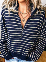 Blue Stripe Textured Knit Half Zip Collared Long Sleeve Top - Damesmode Afbeelding 1 - Miniatuur