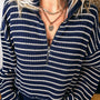 Blauw Stripe Textured Gebreid Half Zip Collared met Lange Mouwen Top