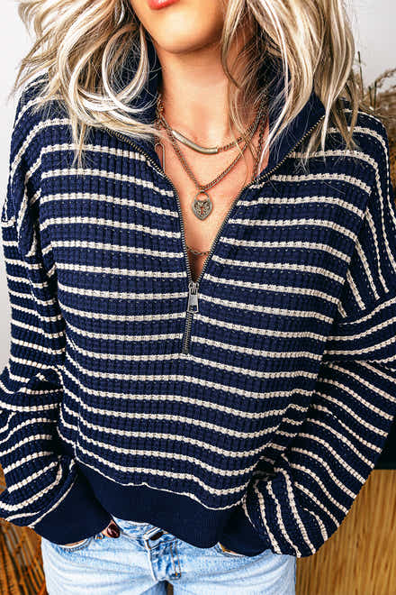 Blue Stripe Textured Knit Half Zip Collared Long Sleeve Top - Damesmode Afbeelding 1