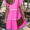 Strawberry Pink Ric Rac Faarfblock Flutter Ärmel V-Hals Tiered Kleed - Foto 2