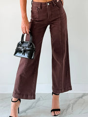 Red Sandalwood Solid Color Seamed Center Wide Leg Cropped Jeans - Miniatuur