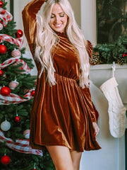 Chestnut Velvet Frilled Neck Gigot Sleeve Swing Dress - Miniatuur