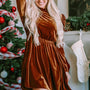 Chestnut Velvet Frilled Neck Gigot Sleeve Swing Dress