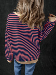 Himmelblauer Streifen übergroßer Pullover mit kontrastartigem Schnitt - Miniatuur
