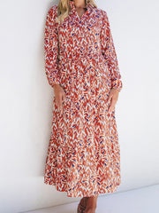 Orange Abstract Print V Neck Pleated High Waist Midi Dress - Miniatuur