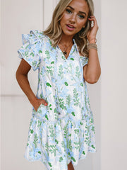 Sky Blue Floral Contrast Edge Layered Short Sleeve Mini Dress - Miniatuur